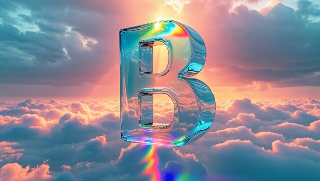 Floating large translucent 3D letter B casting rainbow rays above pastel clouds at dawn - Powered by Adobe
