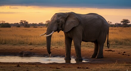 Fototapeta premium African Elephant at Sunset Drinking Water