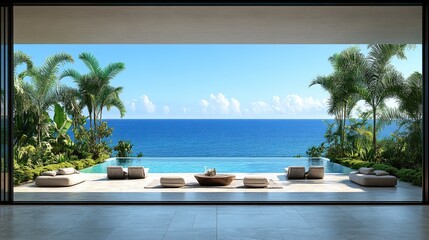Ocean view from an open-air, lavish indoor-outdoor living space with a pool and tropical foliage