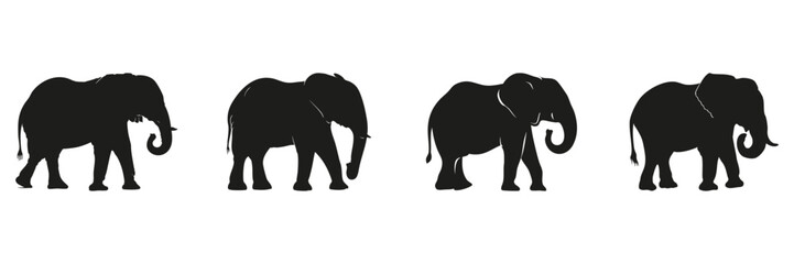 Obraz premium Elephant Silhouettes In Solid Icon Set. Wildlife Observation And Nature Conservation Symbol Collection. Environmental And Educational Use. Isolated Vector Illustration