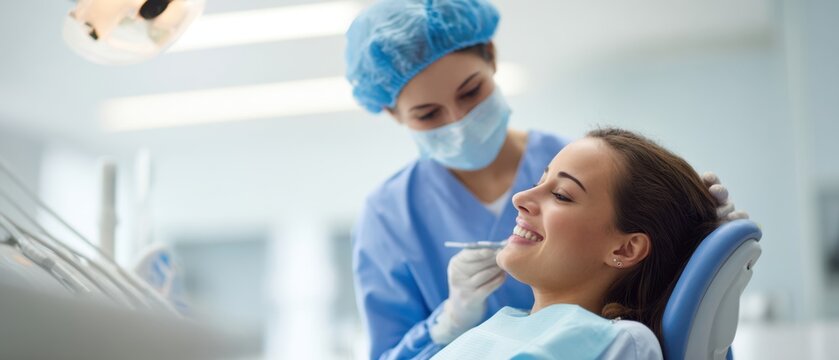 The dental professional providing gentle care to a smiling patient in clinic.