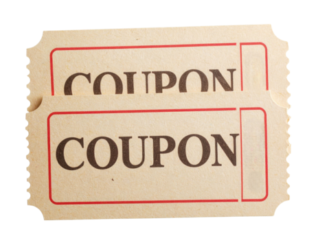 Two vintage-style beige paper coupons with the word "COUPON" printed in bold black letters and red border lines.