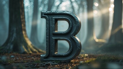 Standing metallic letter B occupying mossy forest floor, with pine needles and mist