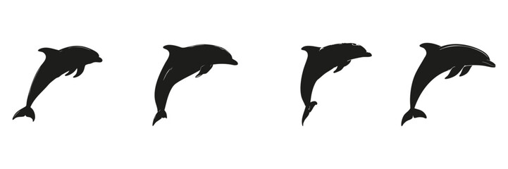 Fototapeta premium Dolphin Silhouettes In Icon Set. Marine Life And Ocean Wildlife Symbol Collection. Environmental And Educational Use. Isolated Vector Illustration