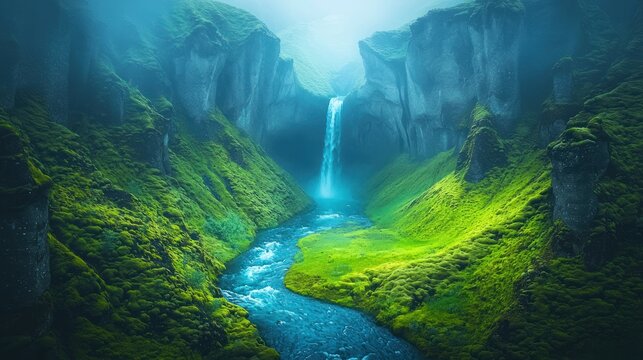 Verdant gorge, waterfall, turquoise river, misty cliffs