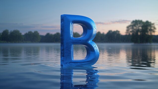 Standing metallic blue 3D capital letter B reflecting sky on forest lake at dawn, soft mist - Powered by Adobe