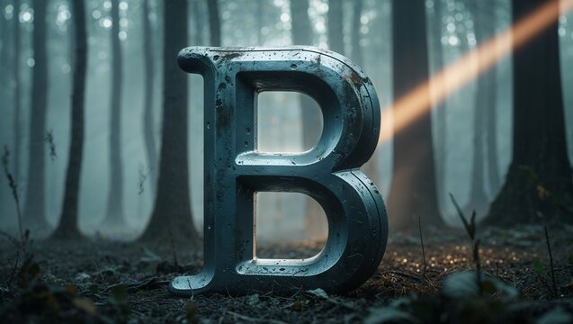 Shining large metallic letter B standing upright in misty forest, with water droplets - Powered by Adobe