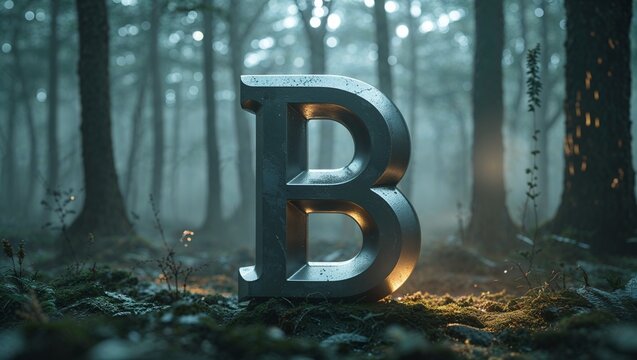 Standing metallic letter B glowing warmly on mossy forest floor, internal illumination visible - Powered by Adobe