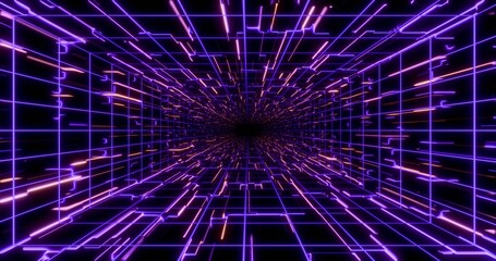 Futuristic glowing neon waving cube background. Shining geometric pink grid lines inside corridor in perspective. Bright retro digital cyberspace. 3D rendering.