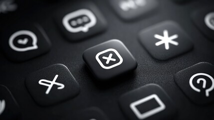 Close-up of black keyboard with white icon buttons: Cancel, Messages, Question, Asterisk
