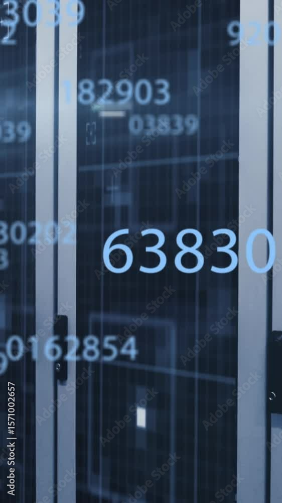 Poster animation of multiple changing numbers and light spot over computer server room