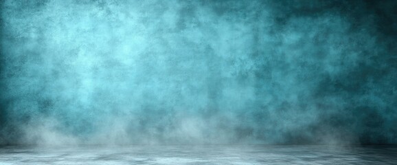 Obraz premium A surreal teal room is filled with dense smoke, resting above a gray floor