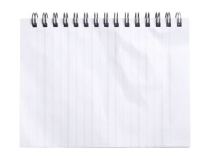 A blank white lined spiral-bound notebook with vertical lines on its pages, shown open and ready for writing.