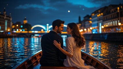 Gliding couple wearing suit, white dress on rowboat on canal at night, with illuminated bridge