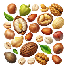 Realistic nuts set isolated on white background perfect for food health snack and nutrition content
