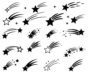 Various shooting stars and comets illustrated in black and white on a seamless repeating pattern, perfect for celestial themes, silhouette