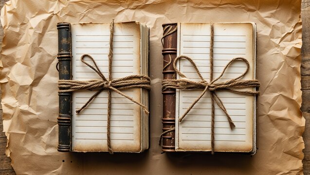 Displaying two leather-bound journals lying open on paper-covered wooden table with twine bows - Powered by Adobe