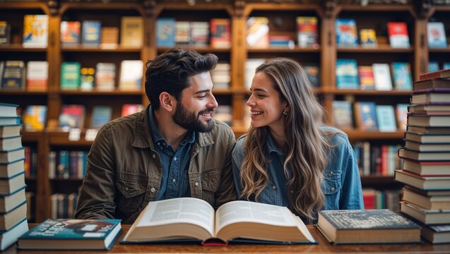 Studying man in olive jacket and woman in denim jacket at library, with open reference book