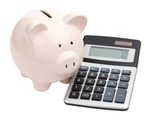 A pink piggy bank next to a calculator displaying the number 70.