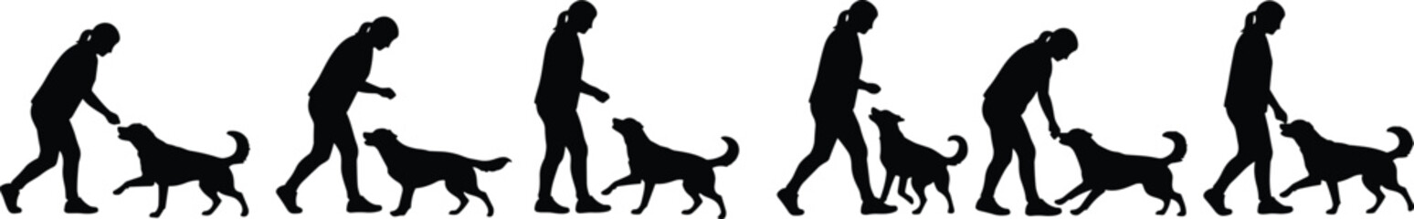 Dog training interaction cad drawing flat vector illustration, human and pet silhouettes in communication sequence, front view bonding gesture layoutDog training interaction cad drawing flat