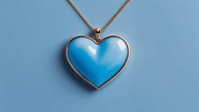 Dangling heart-shaped pendant revealing sky-blue enamel against pastel blue background, gold chain - Powered by Adobe