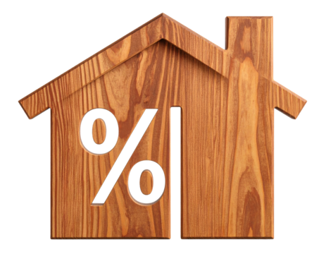 Wooden house-shaped figure with a percent symbol carved out, symbolizing interest rates or mortgage percentages.