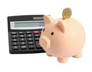 A pink piggy bank with a coin inserted on top is placed next to a black calculator.