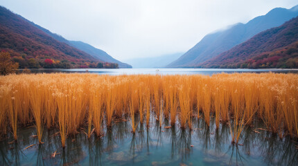 Lugu Lake in Autumn China Golden Reeds and Copper Forested Hills Reflecting in Shallow Waters