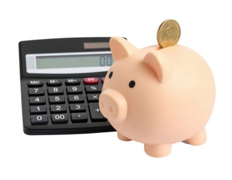 A pink piggy bank with a coin inserted on top is placed next to a black calculator.