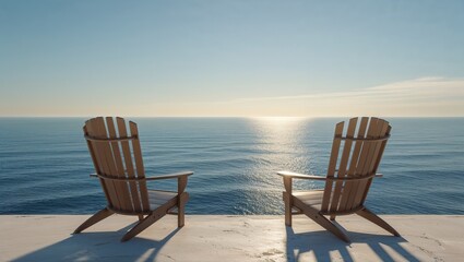 Fototapeta premium Displaying wooden Adirondack chairs facing calm ocean water on white deck, with sunrise reflection