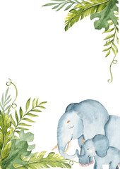 Cute Elephant family in Tropical Leaves. Vertical watercolor square Frame, card template. Safari animals hand drawn illustration. For kid cards and invitations, posters, Fathers Day, Mothers Day