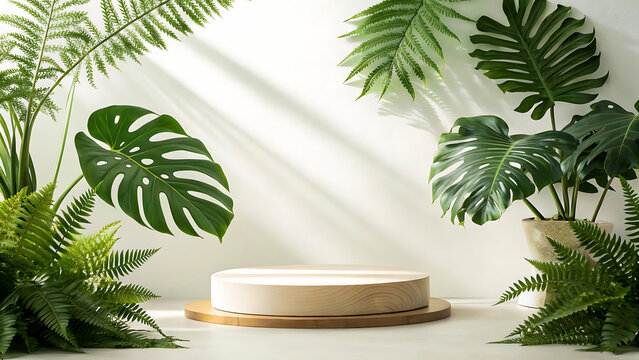 Natural Wooden Pedestal Display with Tropical Greenery – Botanical Product Showcase