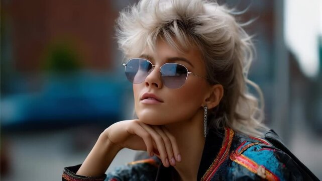 A fashionable woman in the style of the 80s wearing sunglasses, sits thoughtfully