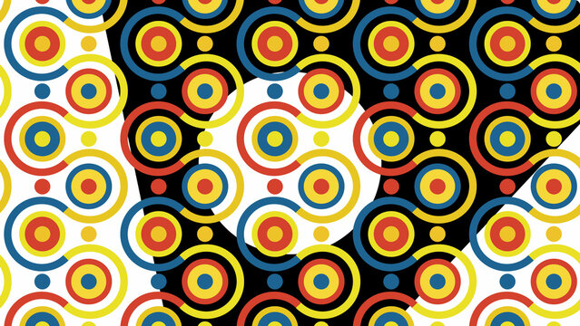 Abstract geometric pattern with interlocking circles and concentric rings in primary colors.