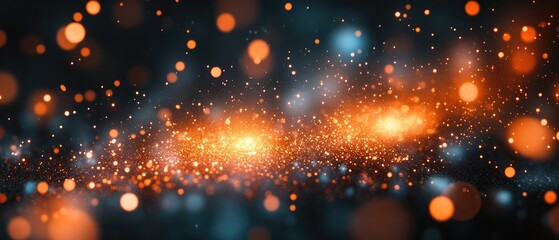 Fototapeta premium Abstract image with orange light specks on a blue dark backdrop, resembling stardust and bokeh effect