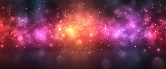 Fototapeta premium Colorful cosmic background with bokeh lights, nebula and twinkling stars in red, pink, purple and orange hues