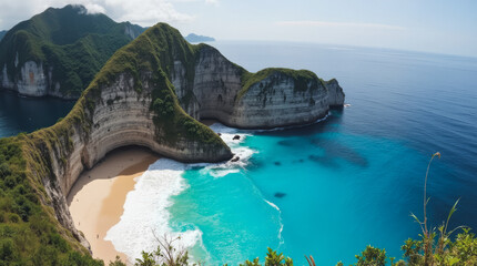 Kelingking Beach Nusa Penida Indonesia — T-Rex Shaped Cliff Overlooking Turquoise Cove and Crashing Surf