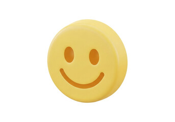 Fototapeta premium A bright yellow smiling face button conveying positivity and joy, set against a clean white background.