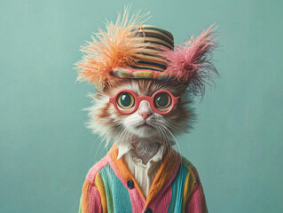 Obraz premium Stylish Cat in Colorful Outfit Wearing Glasses and Trendy Hat