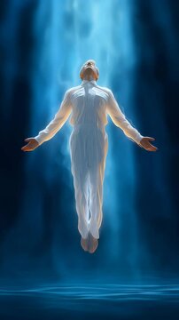 Ethereal Figure Floating in Blue Light Surrounded by Serene Atmosphere