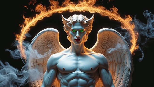 Standing winged figure displaying large wings and horns against dark void, with flaming halo - Powered by Adobe