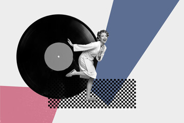3d sketch image vertical collage of happy girl guy stand vinyl disk celebration event player retro...