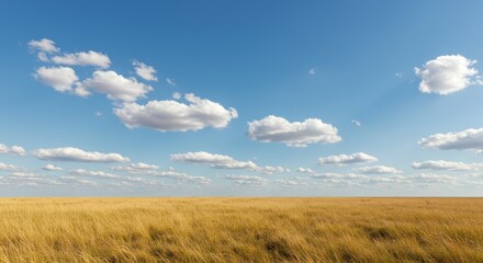 Obraz premium Serene Golden Grassland Under a Blue Sky with Fluffy Clouds
