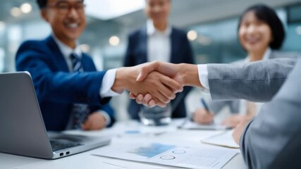 A successful business meeting, focused on a handshake symbolizing agreement. The scene conveys a sense of accomplishment and teamwork.