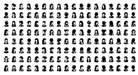 Obraz premium Diverse collection of silhouette female avatars showcasing a variety of hairstyles and accessories for profile designs.