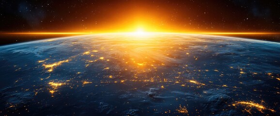 Fototapeta premium Earth from space view with bright city lights and sun rising over the horizon