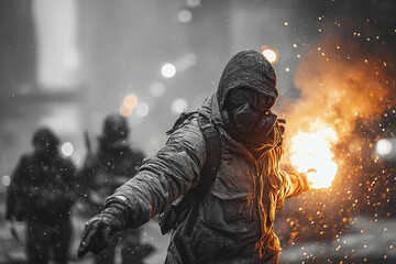 Protester throws Molotov cocktail at police during unrest on urban street at night