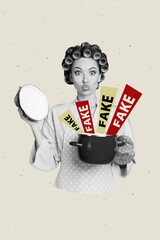 Trend artwork banner sketch 3D collage of young lady housewife hand hold cooking pot open fake news...
