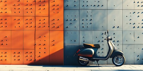 A stylish black and orange scooter parked against a modern textured wall in vibrant orange and gray.