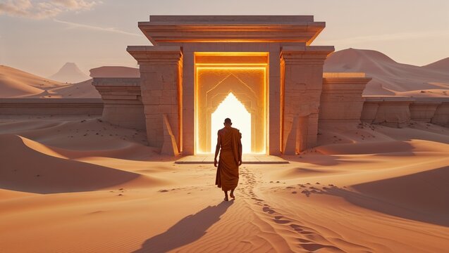 Walking monk wearing saffron robe traversing desert dunes toward glowing portal in stone gateway - Powered by Adobe